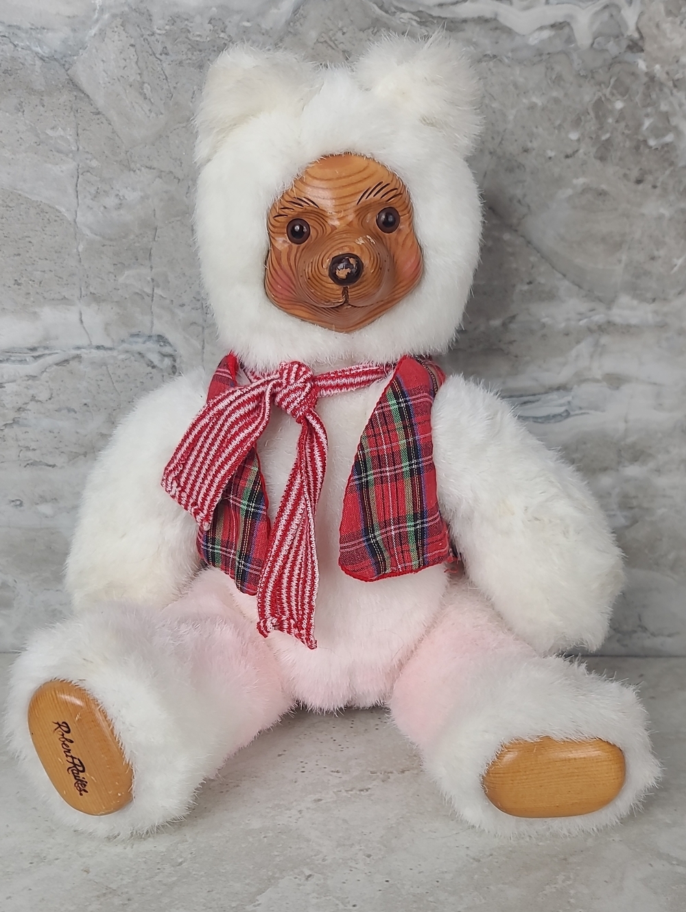 Vtg Robert Raikes Elf Wooden Face Paw Plaid Vest and Scarf 12" Teddy Bear 1989